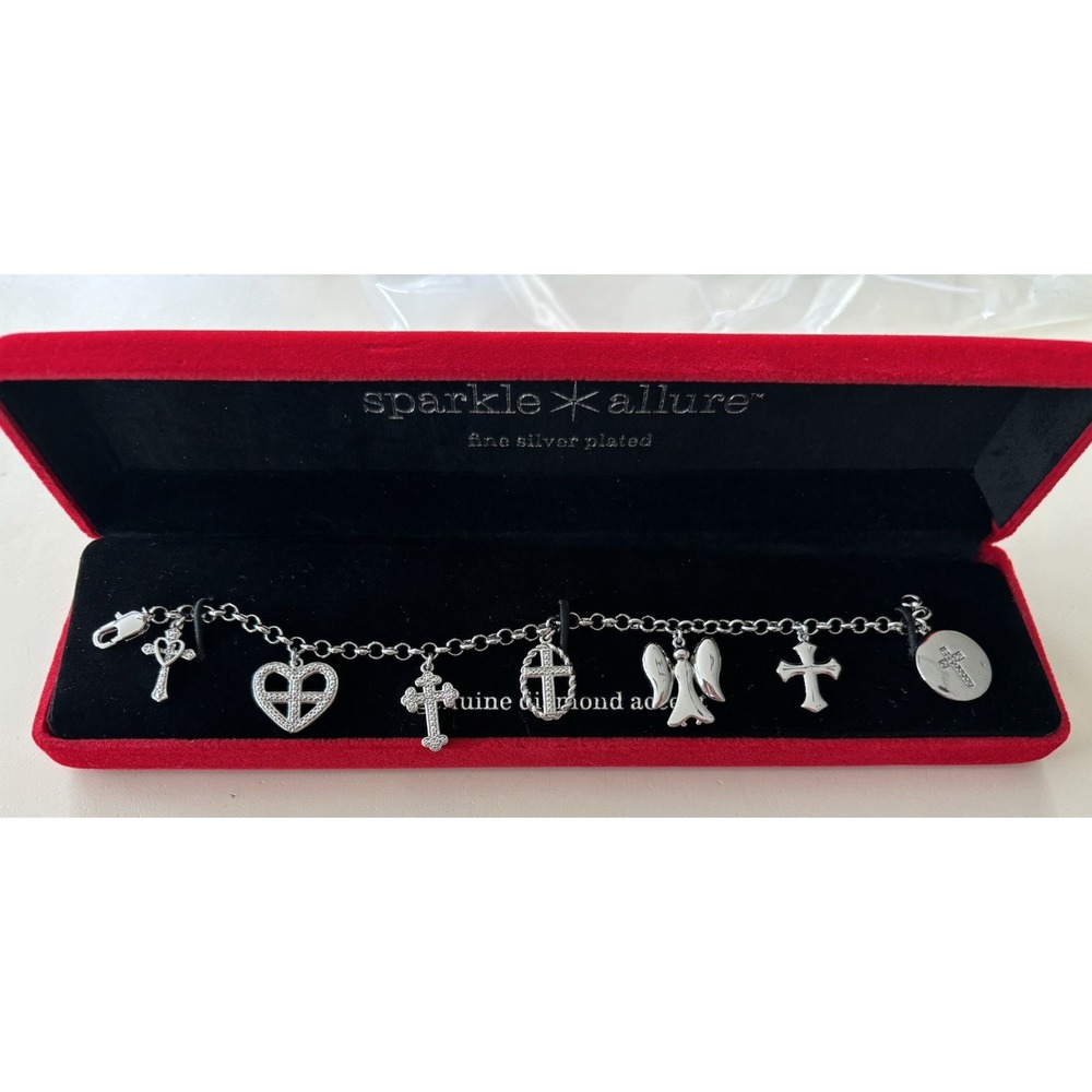Sparkle Allure Silver Charm Bracelet Cross Angel Diamond accent NWOT